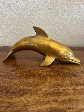Vintage Solid Brass Dolphin Figurine Mid Century Style 11” Long Nautical Decor